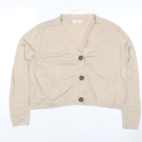 MNG Women Beige UK 12 V-Neck Button Knit Cardigan Long Sleeve