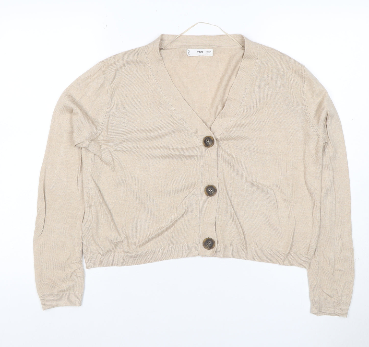 MNG Women Beige UK 12 V-Neck Button Knit Cardigan Long Sleeve