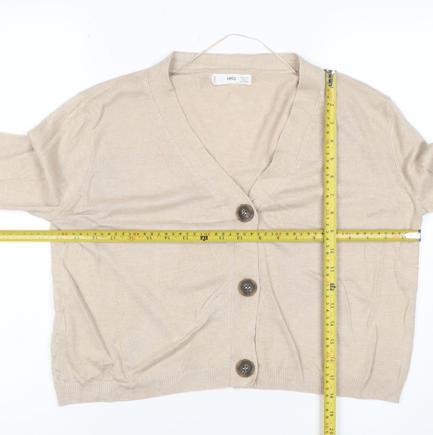 MNG Women Beige UK 12 V-Neck Button Knit Cardigan Long Sleeve