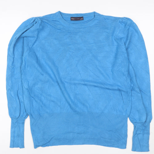 M&S Womens Blue L Crew Neck Puff Sleeve Viscose Knit Jumper