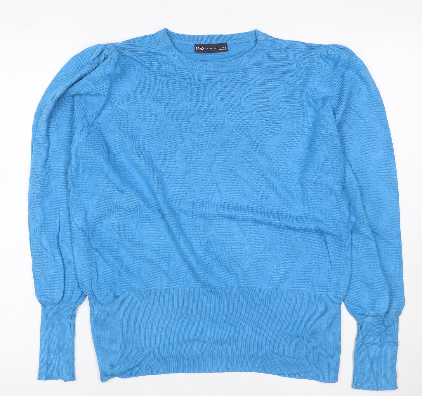 M&S Womens Blue L Crew Neck Puff Sleeve Viscose Knit Jumper