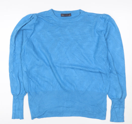M&S Womens Blue L Crew Neck Puff Sleeve Viscose Knit Jumper