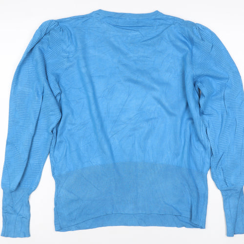 M&S Womens Blue L Crew Neck Puff Sleeve Viscose Knit Jumper