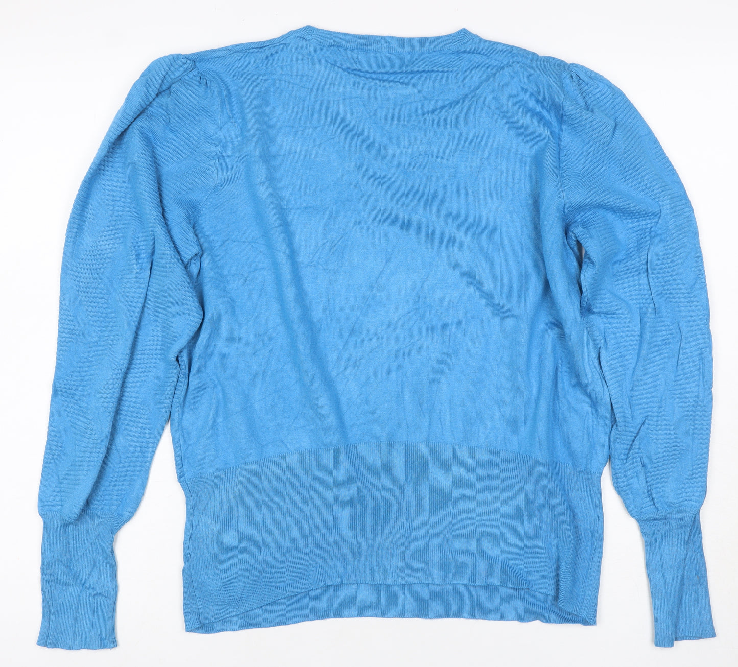 M&S Womens Blue L Crew Neck Puff Sleeve Viscose Knit Jumper