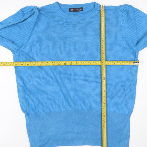 M&S Womens Blue L Crew Neck Puff Sleeve Viscose Knit Jumper