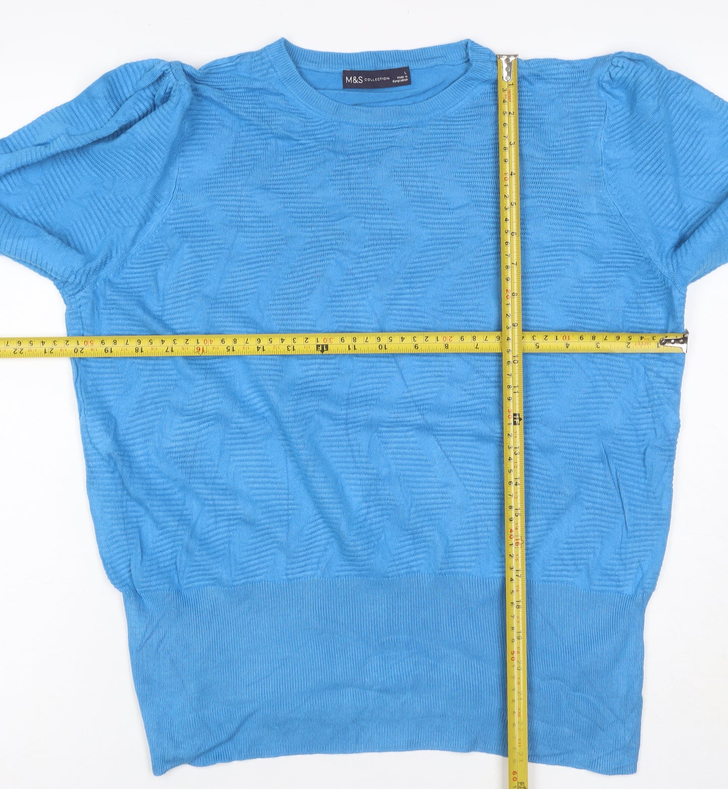 M&S Womens Blue L Crew Neck Puff Sleeve Viscose Knit Jumper