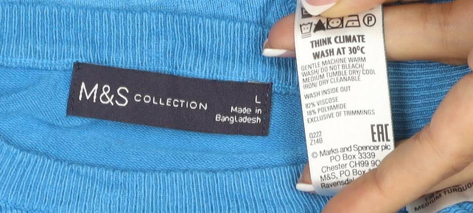 M&S Womens Blue L Crew Neck Puff Sleeve Viscose Knit Jumper