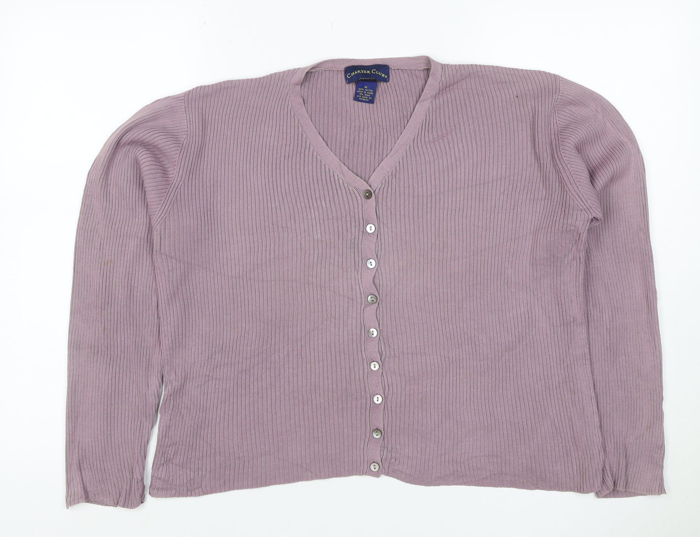 Charter Club Women Pink M Rib Knit V-Neck Button Cardigan
