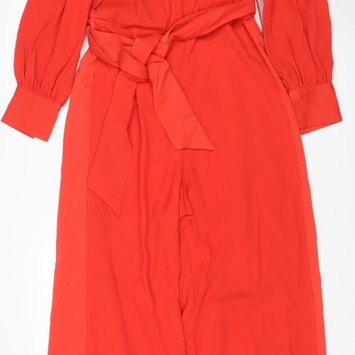Next Women Red UK 18 Wide-Leg Belted Long Sleeve Jumpsuit