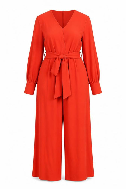 Next Women Red UK 18 Wide-Leg Belted Long Sleeve Jumpsuit