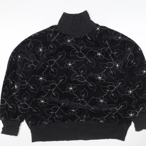 St Michael Women Black UK 18 Floral Embroidered Roll Neck Sweatshirt