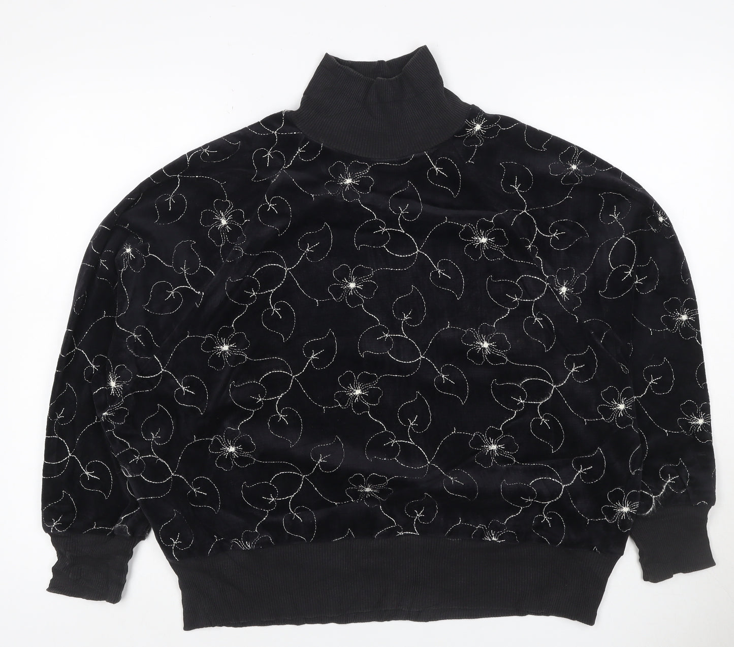 St Michael Women Black UK 18 Floral Embroidered Roll Neck Sweatshirt