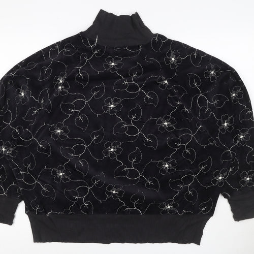 St Michael Women Black UK 18 Floral Embroidered Roll Neck Sweatshirt