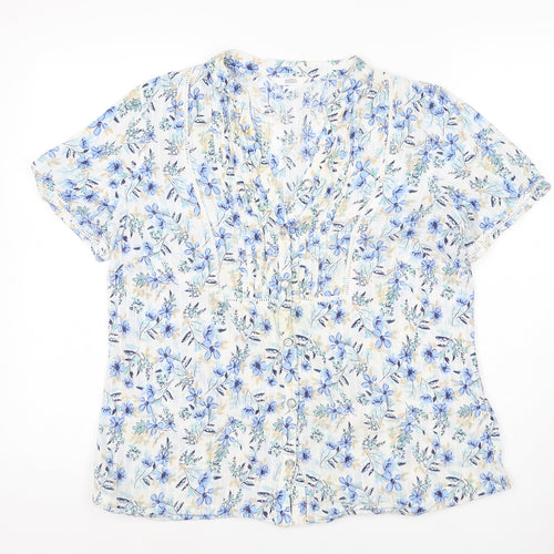 Marks and Spencer Women Blue Floral Size 16 Short Sleeve V-Neck Blouse