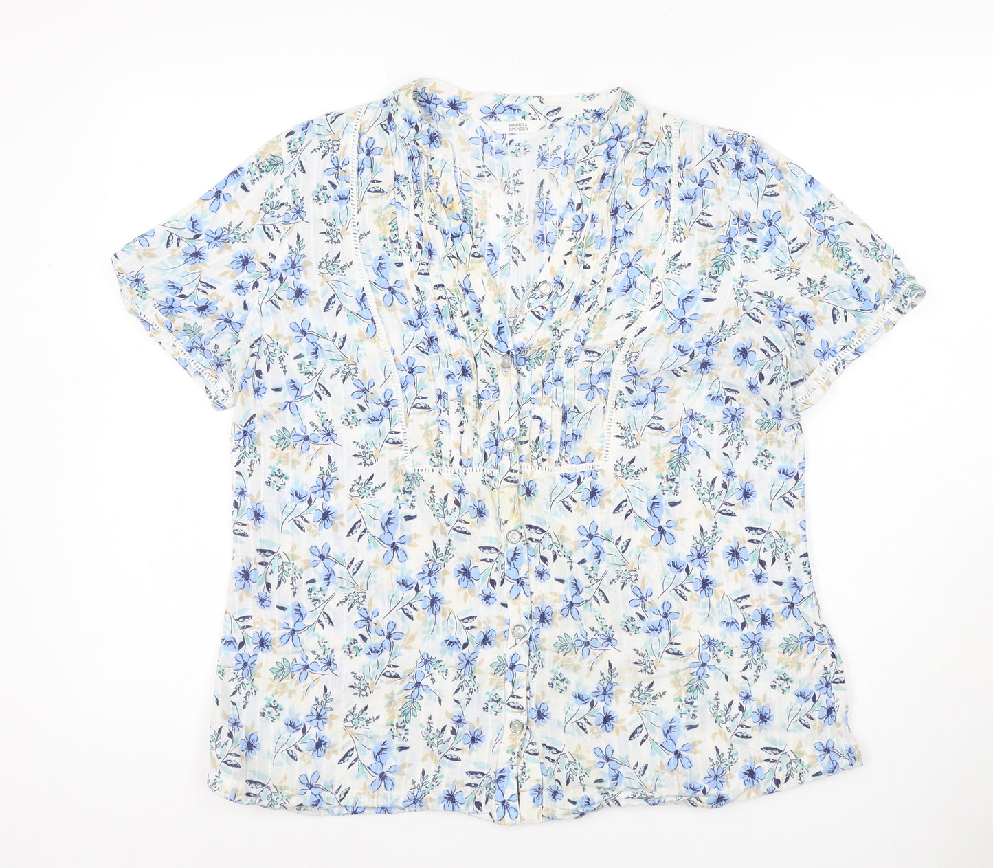 Marks and Spencer Women Blue Floral Size 16 Short Sleeve V-Neck Blouse