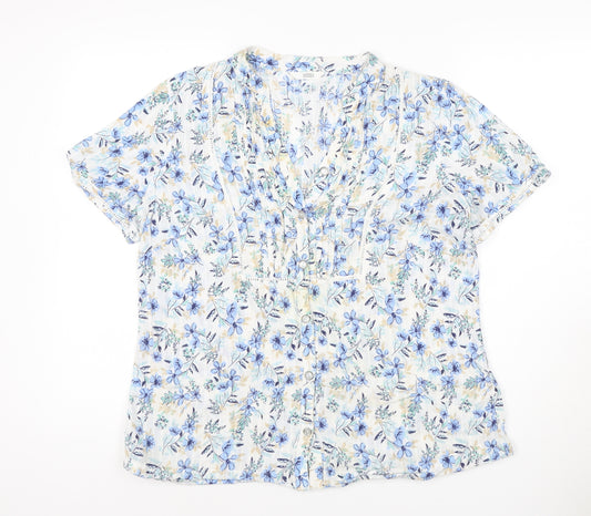 Marks and Spencer Women Blue Floral Size 16 Short Sleeve V-Neck Blouse