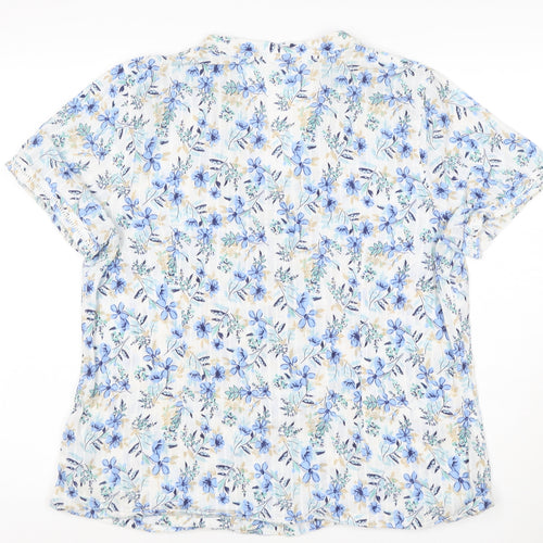 Marks and Spencer Women Blue Floral Size 16 Short Sleeve V-Neck Blouse