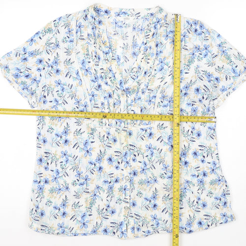 Marks and Spencer Women Blue Floral Size 16 Short Sleeve V-Neck Blouse