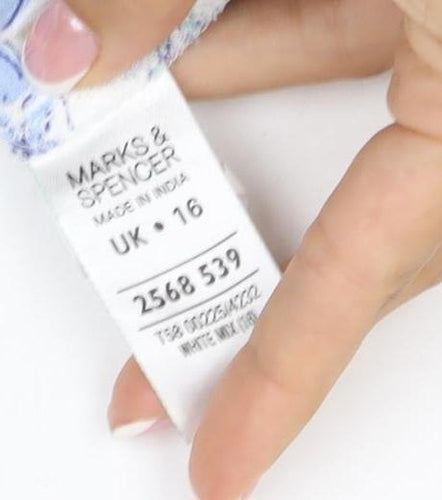 Marks and Spencer Women Blue Floral Size 16 Short Sleeve V-Neck Blouse