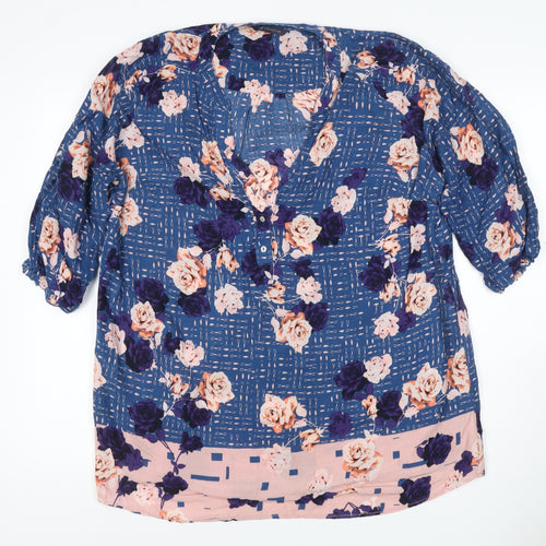 M&S Women Blue Floral V-Neck Button Blouse UK 16 Short Sleeve