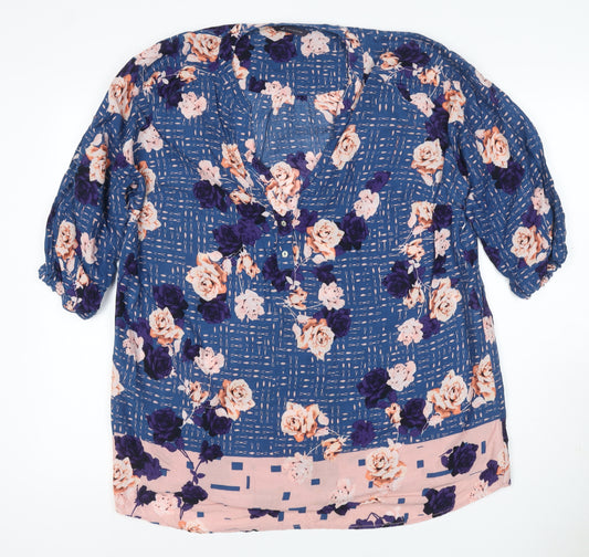 M&S Women Blue Floral V-Neck Button Blouse UK 16 Short Sleeve