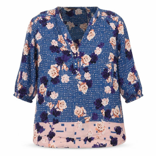 M&S Women Blue Floral V-Neck Button Blouse UK 16 Short Sleeve