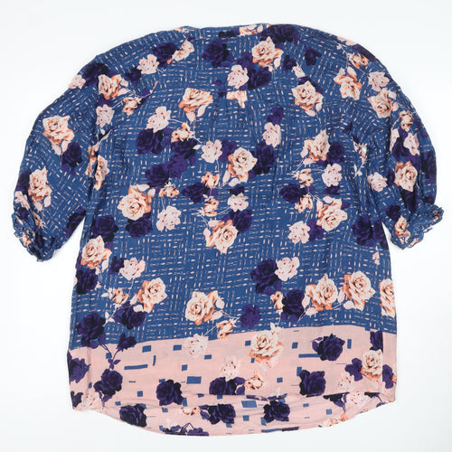 M&S Women Blue Floral V-Neck Button Blouse UK 16 Short Sleeve