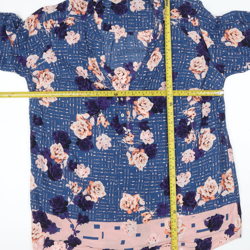 M&S Women Blue Floral V-Neck Button Blouse UK 16 Short Sleeve