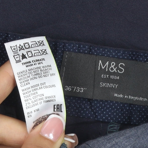 Marks & Spencer Men Blue 36/33 Skinny Fit Stretch Chino Trousers NWT