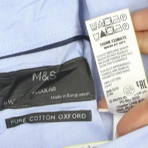 M&S Mens Blue 15.5 Pure Cotton Oxford Button-Down Long Sleeve Shirt