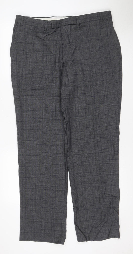Marks & Spencer Men Grey Check Wool Dress Trousers 36/31 Regular