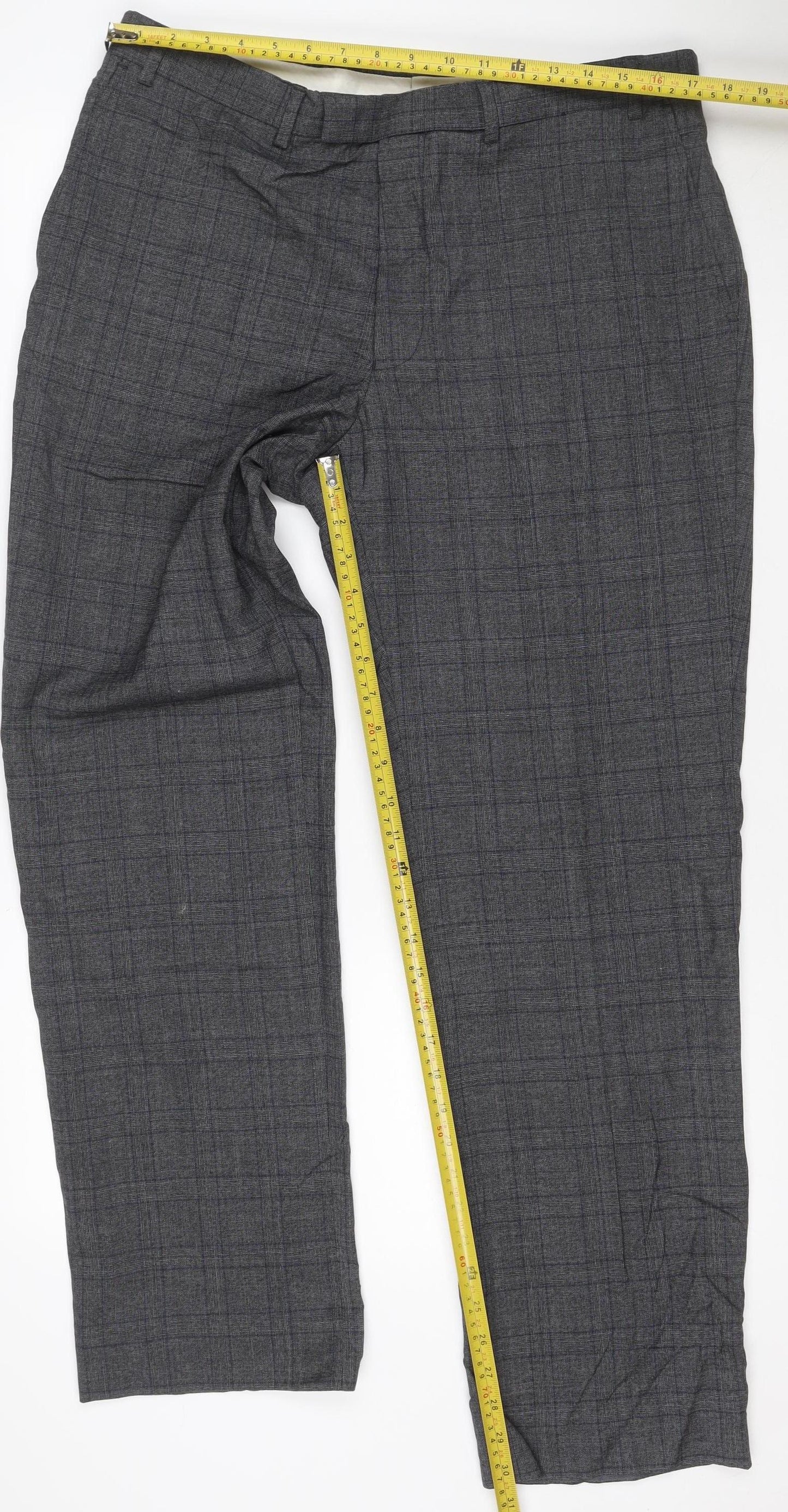 Marks & Spencer Men Grey Check Wool Dress Trousers 36/31 Regular