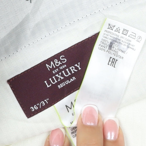 Marks & Spencer Men Grey Check Wool Dress Trousers 36/31 Regular