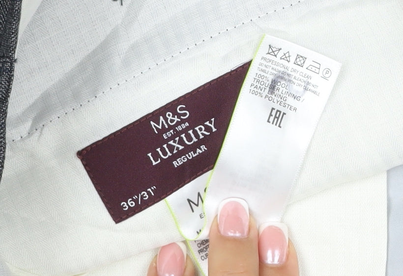 Marks & Spencer Men Grey Check Wool Dress Trousers 36/31 Regular