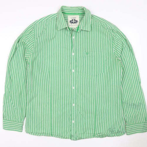 Lime Men Green White Striped Cotton Button-Up Shirt XL Long Sleeve