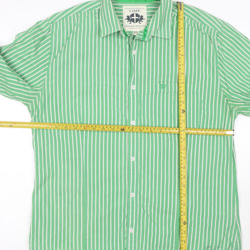 Lime Men Green White Striped Cotton Button-Up Shirt XL Long Sleeve