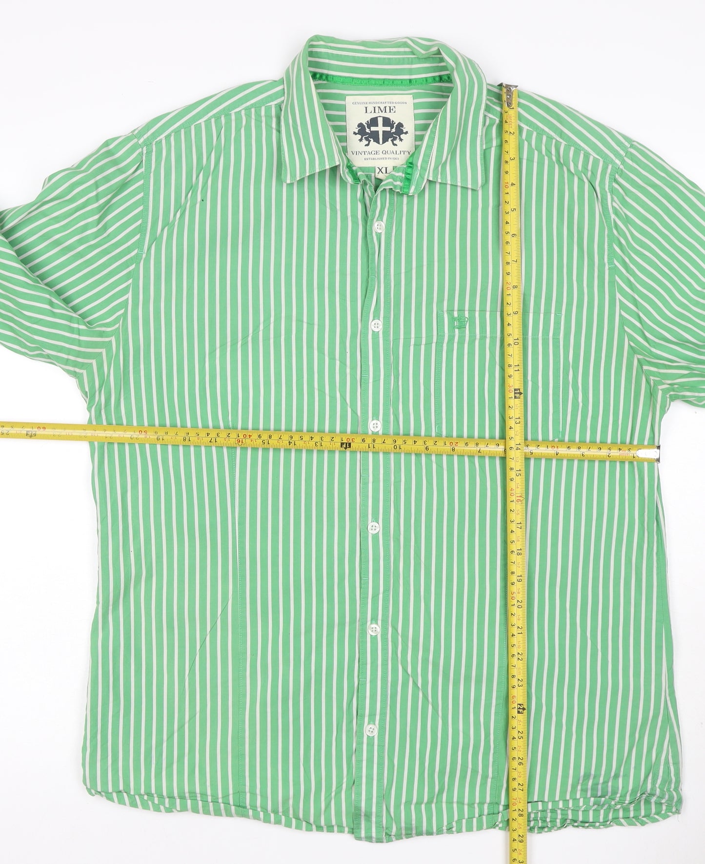 Lime Men Green White Striped Cotton Button-Up Shirt XL Long Sleeve