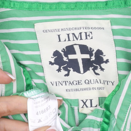 Lime Men Green White Striped Cotton Button-Up Shirt XL Long Sleeve