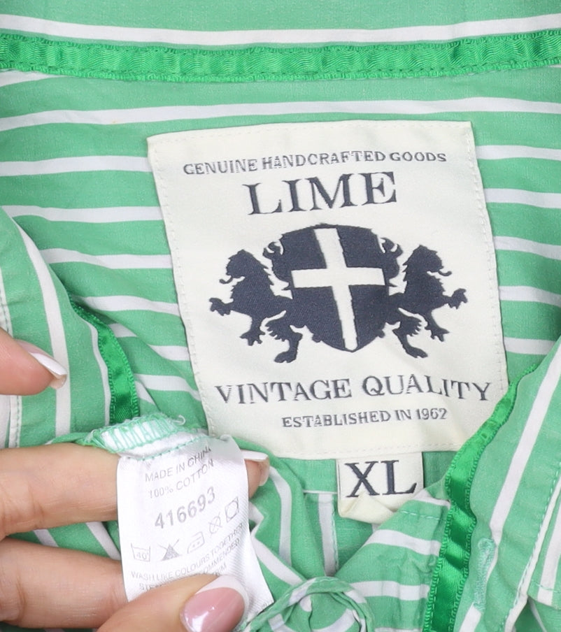 Lime Men Green White Striped Cotton Button-Up Shirt XL Long Sleeve