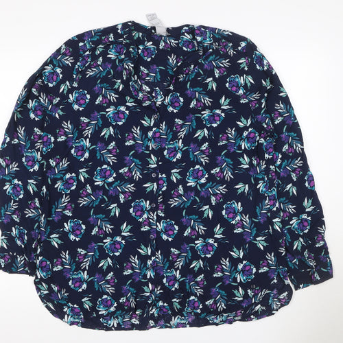Oisen Women Blue Floral V-Neck Long Sleeve Button-Up Blouse UK 14