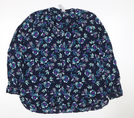 Oisen Women Blue Floral V-Neck Long Sleeve Button-Up Blouse UK 14