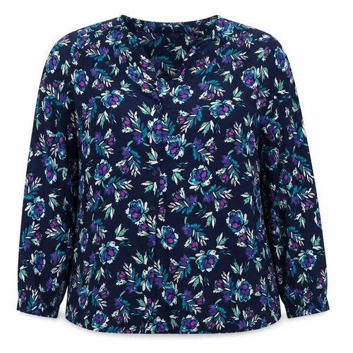 Oisen Women Blue Floral V-Neck Long Sleeve Button-Up Blouse UK 14