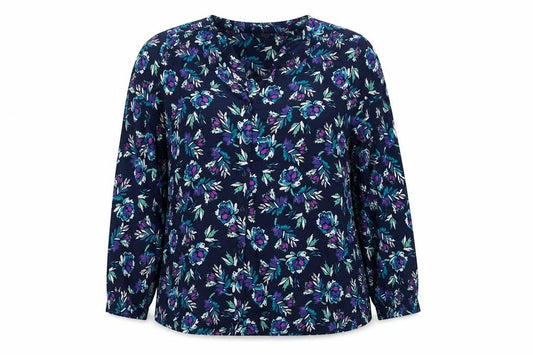 Oisen Women Blue Floral V-Neck Long Sleeve Button-Up Blouse UK 14