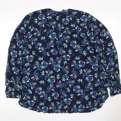 Oisen Women Blue Floral V-Neck Long Sleeve Button-Up Blouse UK 14