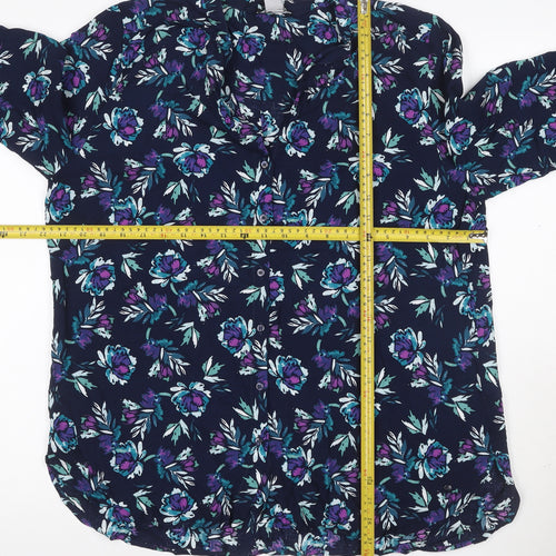 Oisen Women Blue Floral V-Neck Long Sleeve Button-Up Blouse UK 14