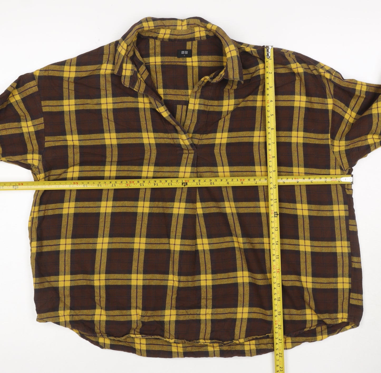UNIQLO Women’s Brown Yellow Plaid Cotton Flannel Button-Up Shirt Size S