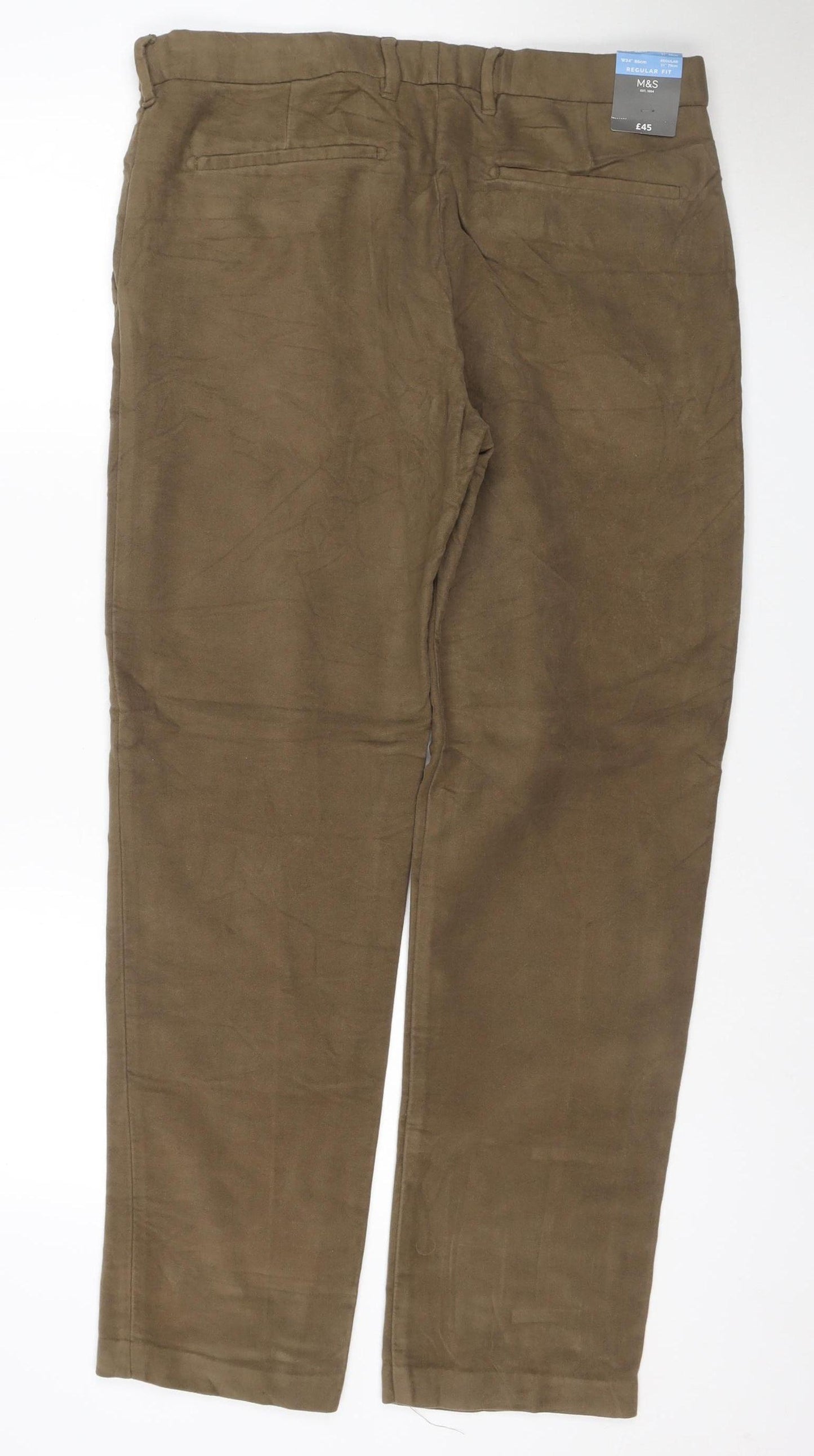 M&S Men’s Brown 34in Regular Fit Cotton Chino Trousers 34/31 New
