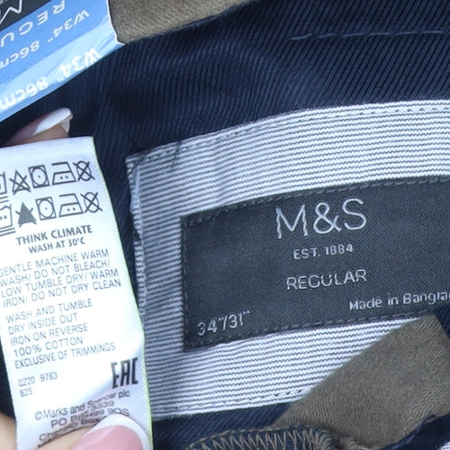 M&S Men’s Brown 34in Regular Fit Cotton Chino Trousers 34/31 New