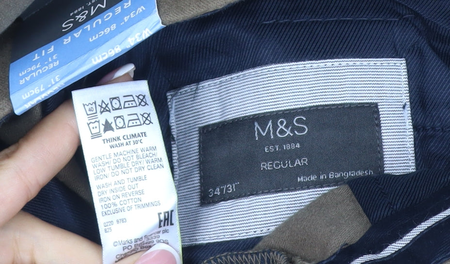 M&S Men’s Brown 34in Regular Fit Cotton Chino Trousers 34/31 New