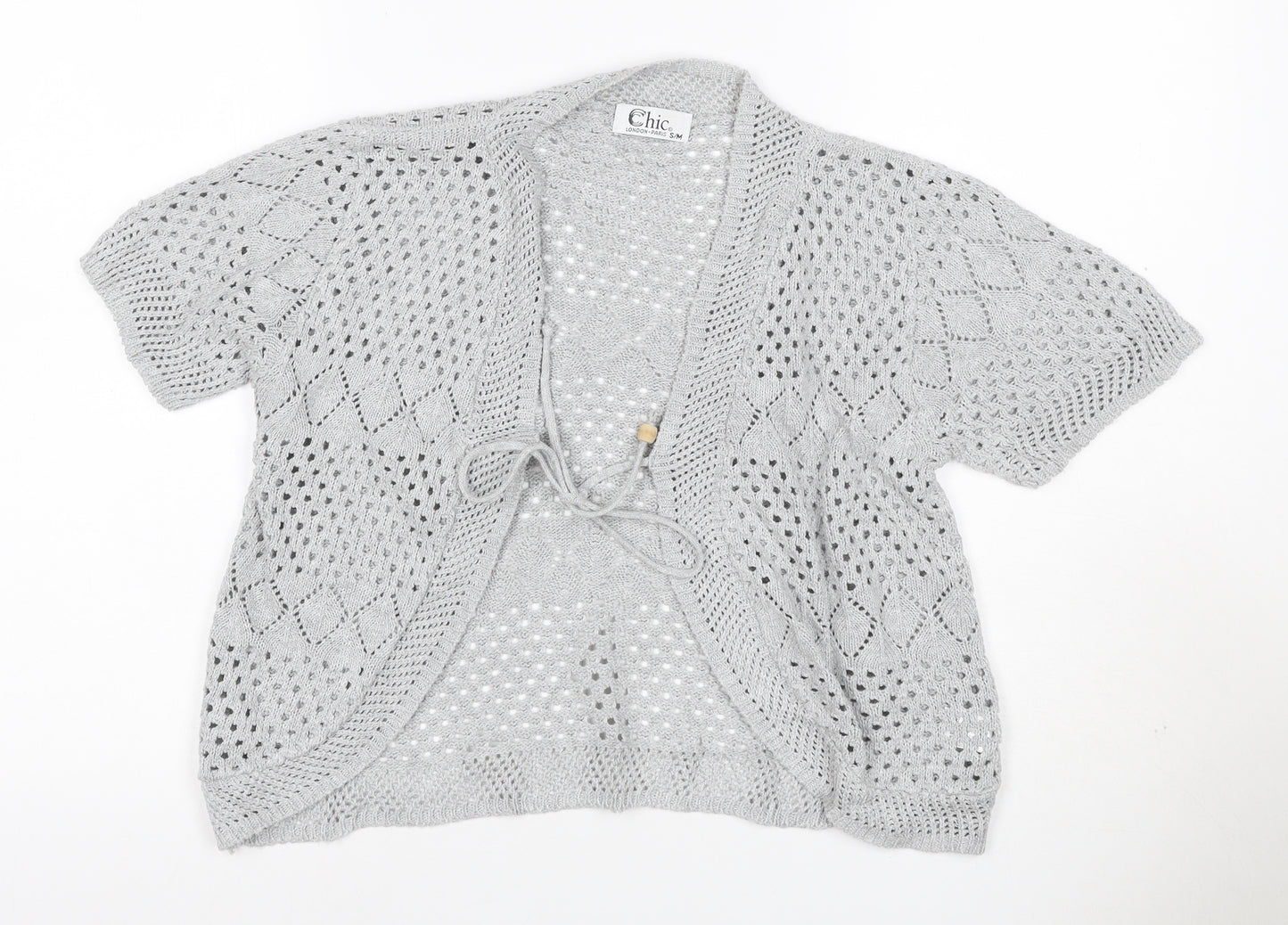 Chic Women Grey S Open Knit Short Sleeve Boho Tie Cardigan